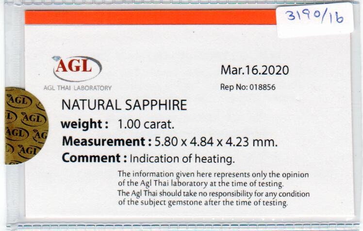 1.00 cts natural blue sapphire loose gemstone oval cut AGL Certified