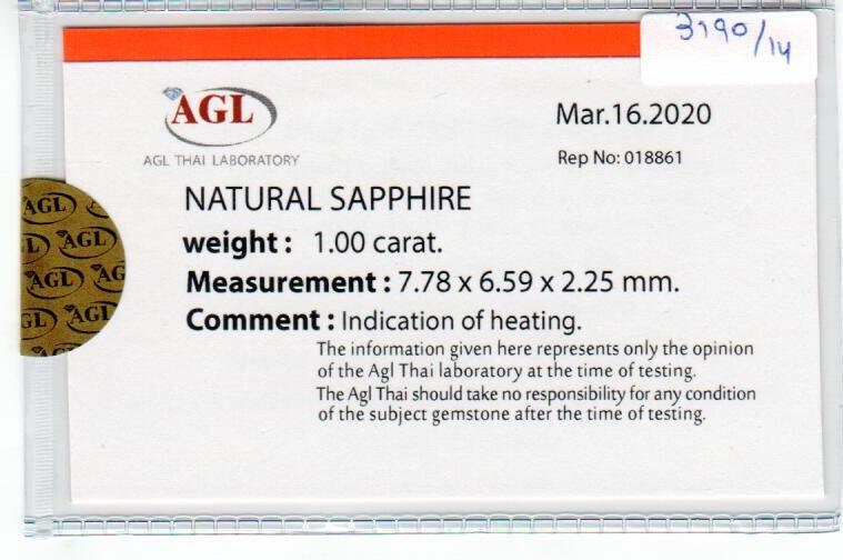 1.00 cts natural blue sapphire loose gemstone oval cut AGL Certified