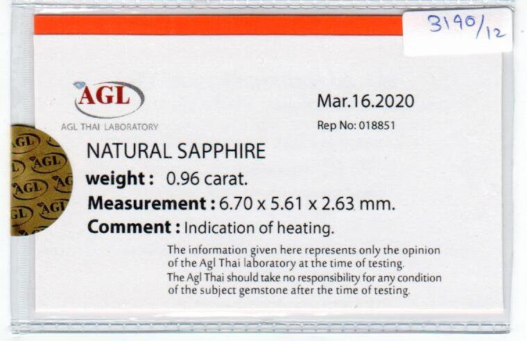 0.96 cts natural blue sapphire loose gemstone oval cut AGL Certified
