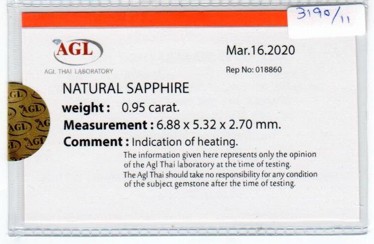 0.95 cts natural blue sapphire loose gemstone oval cut AGL Certified