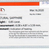 0.85 cts natural blue sapphire loose gemstone oval cut AGL Certified