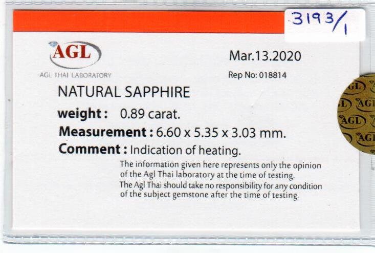 0.89 cts natural blue sapphire loose gemstone oval cut AGL Certified
