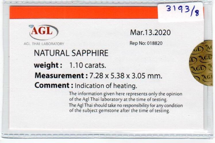 1.10 cts natural blue sapphire loose gemstone oval cut AGL Certified