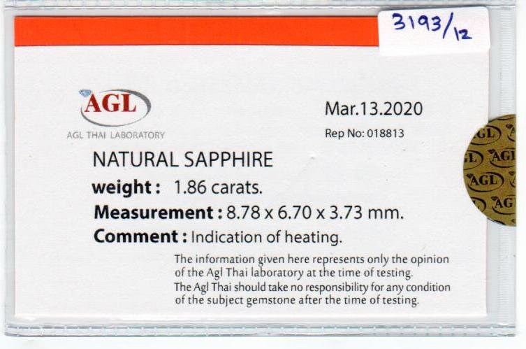 1.86 cts natural blue sapphire loose gemstone oval cut AGL Certified