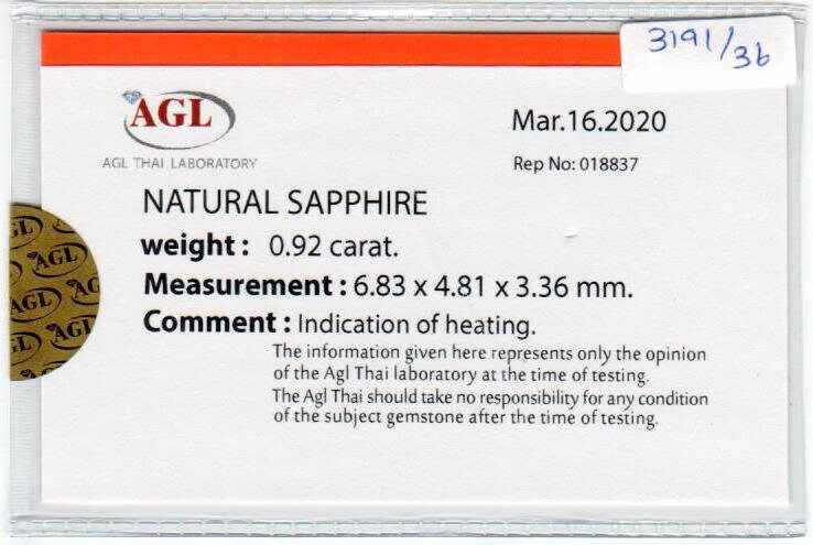 0.92 Cts Natural Blue Sapphire Loose Gemstone Oval Cut AGL Certified