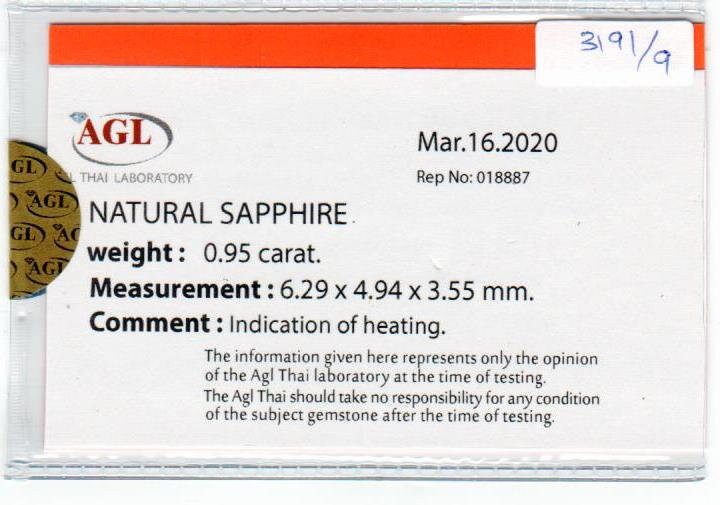 0.95 Cts Natural Blue Sapphire Loose Gemstone Oval Cut AGL Certified