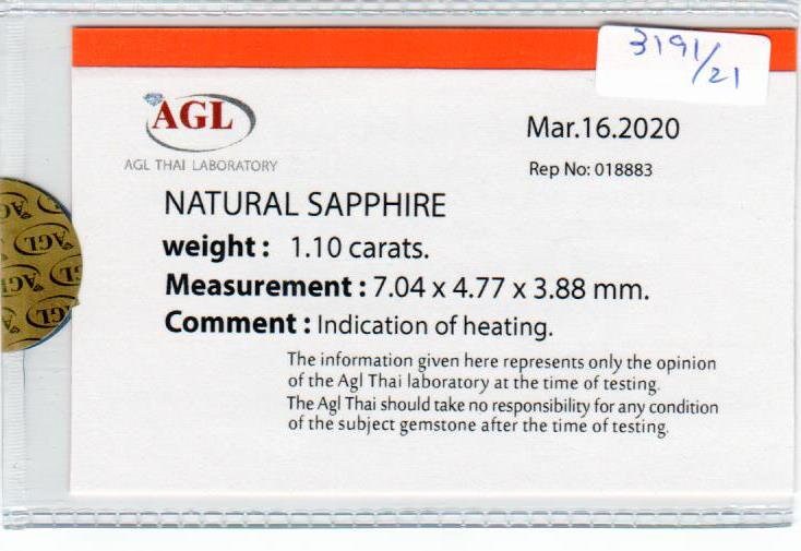1.10 Cts Natural Blue Sapphire Loose Gemstone Oval Cut AGL Certified
