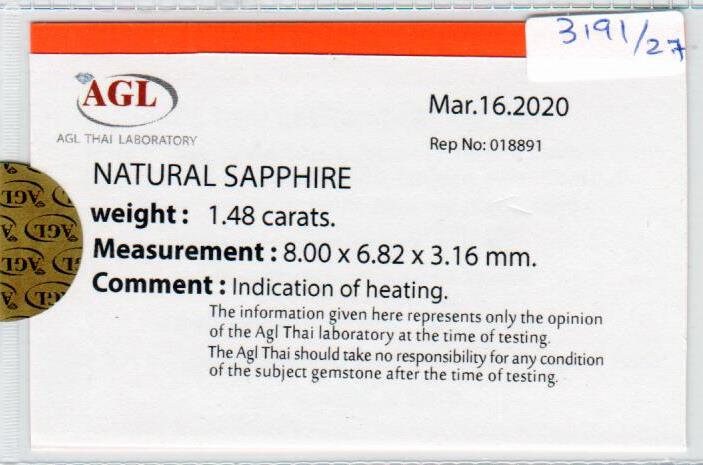 1.48 Cts Natural Blue Sapphire Loose Gemstone Oval Cut AGL Certified