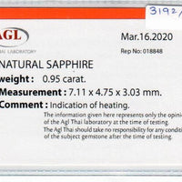 0.95 cts natural blue sapphire loose gemstone oval cut AGL Certified