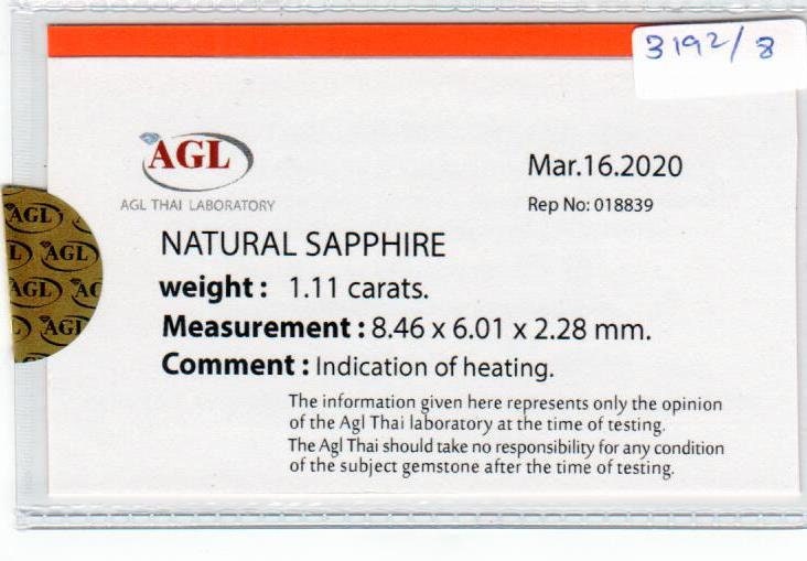 1.11 cts natural blue sapphire loose gemstone oval cut AGL Certified