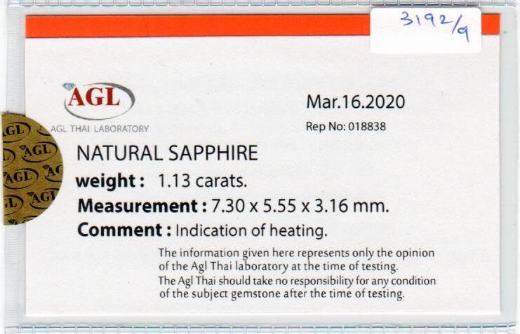 1.13 cts natural blue sapphire loose gemstone oval cut AGL Certified