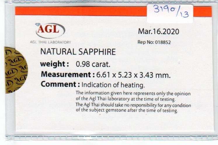 0.98 cts natural blue sapphire loose gemstone oval cut AGL Certified