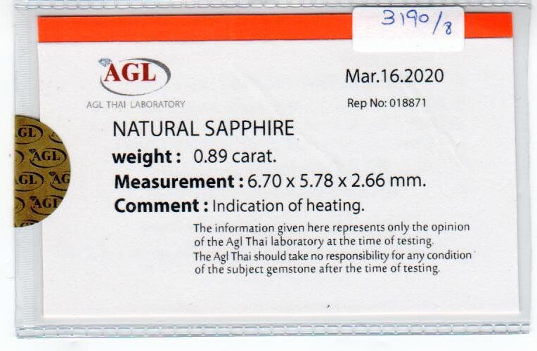 0.89 cts natural blue sapphire loose gemstone oval cut AGL Certified