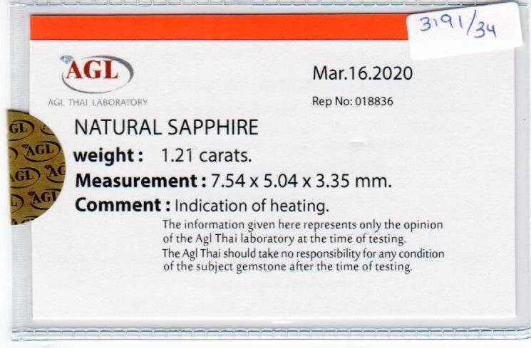 1.21 Cts Natural Blue Sapphire Loose Gemstone Oval Cut AGL Certified