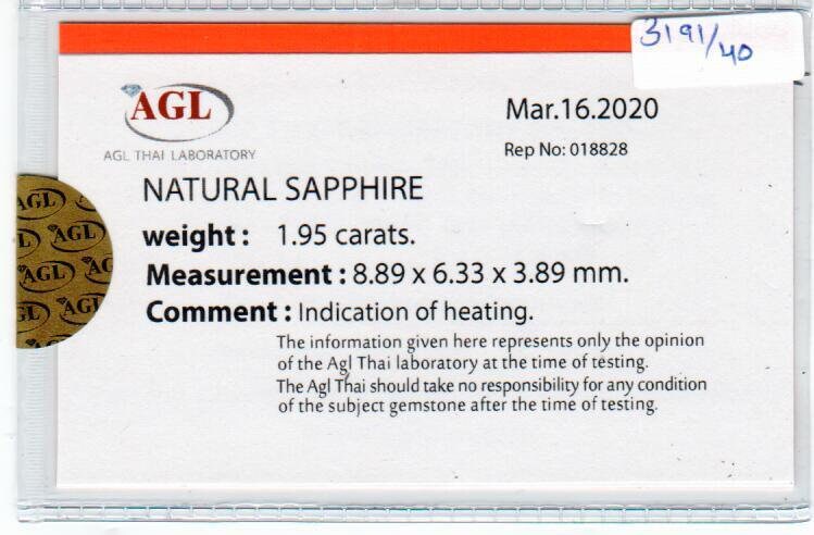 1.95 Cts Natural Blue Sapphire Loose Gemstone Oval Cut AGL Certified