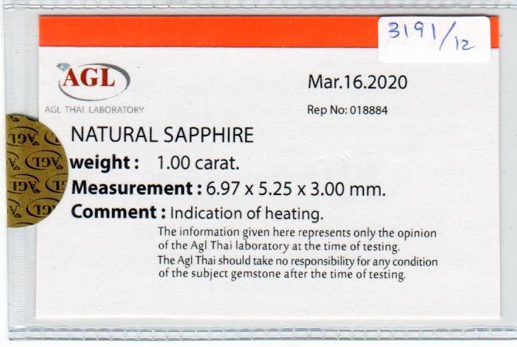 1.00 Cts Natural Blue Sapphire Loose Gemstone Oval Cut AGL Certified