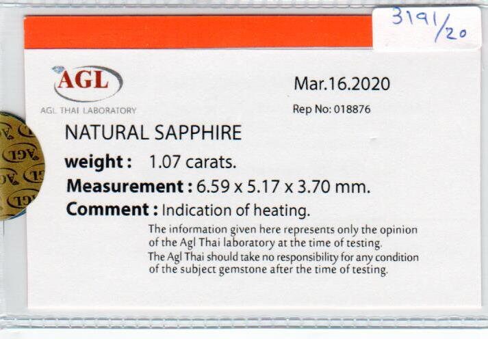 1.07 Cts Natural Blue Sapphire Loose Gemstone Oval Cut AGL Certified