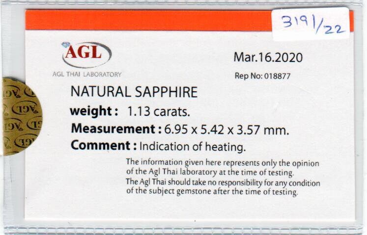 1.13 Cts Natural Blue Sapphire Loose Gemstone Oval Cut AGL Certified
