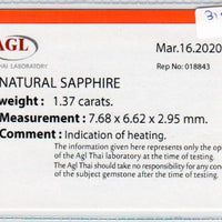 1.37 cts natural blue sapphire loose gemstone cushion cut AGL Certified