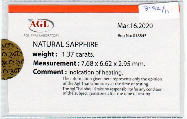 1.37 cts natural blue sapphire loose gemstone cushion cut AGL Certified