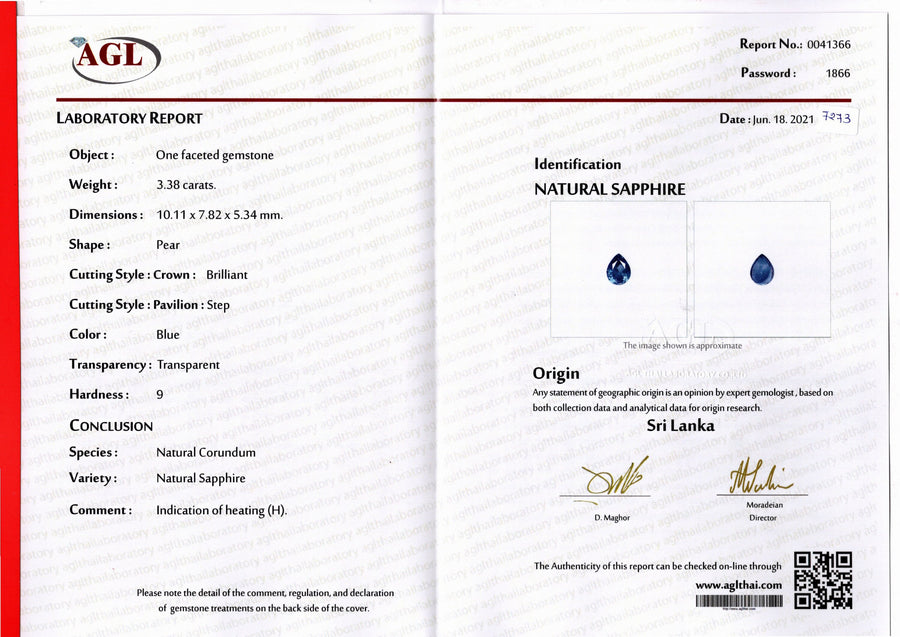 3.38 cts Natural Blue Sapphire Loose Gemstone Pear Cut Certified